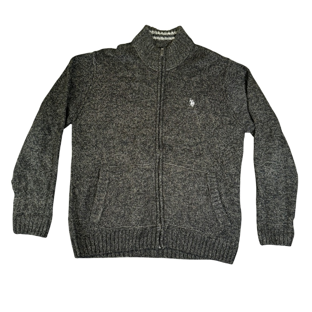 US Polo Assn Mens Full Zip Sweater XL Charcoal Gray Marl Mock Neck Knit Jacket